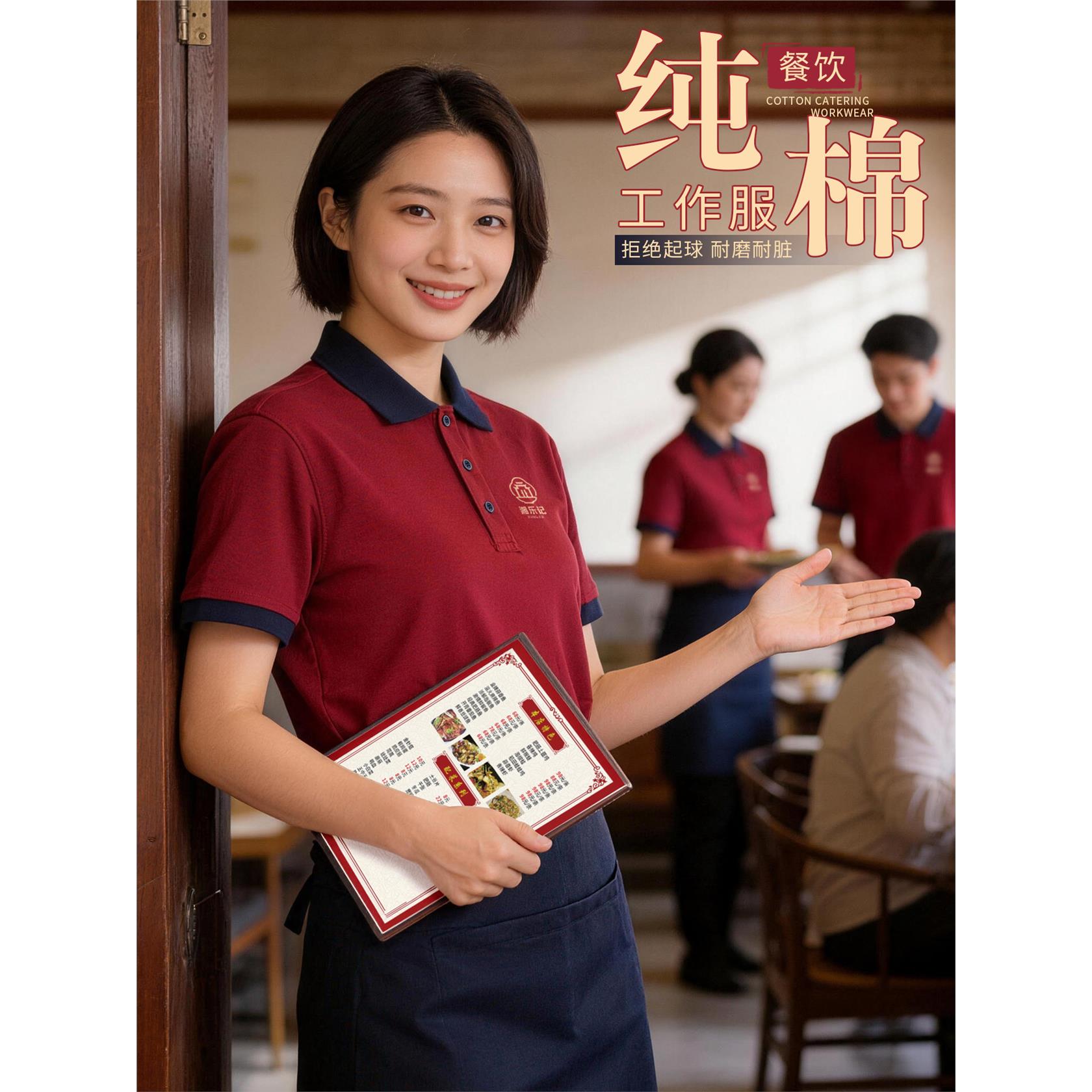 纯棉短袖T恤工作服定制印Logo夏季餐饮餐厅烧烤火锅店服务员工装图片