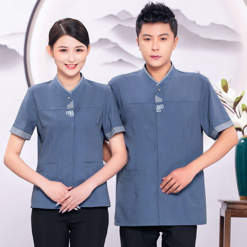 时尚中式餐饮夏季服务员保洁工作服短袖衬衫酒店会所定制logo女士