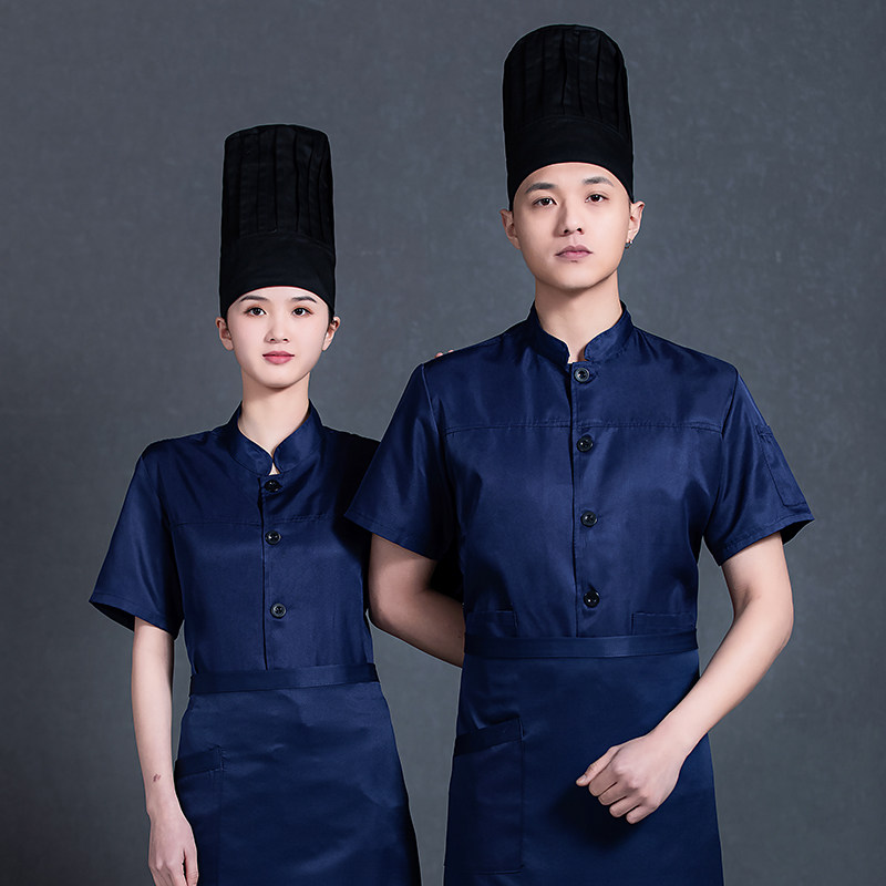 纯色厨师服短袖男夏季饭店饭厅酒店餐饮个性口袋厨房服装定制