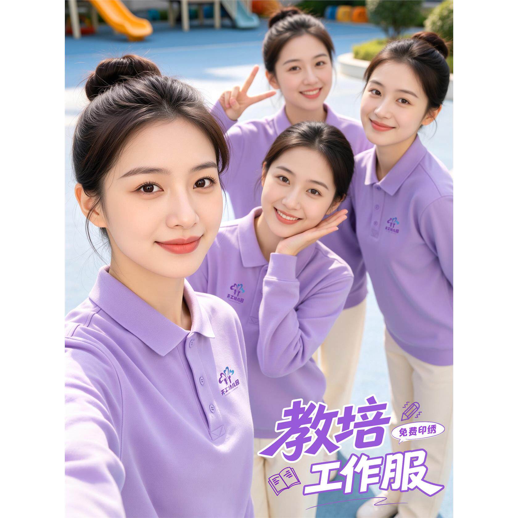 紫色纯棉长袖polo衫定制工作服教培托管工装T恤女幼儿园老师园服