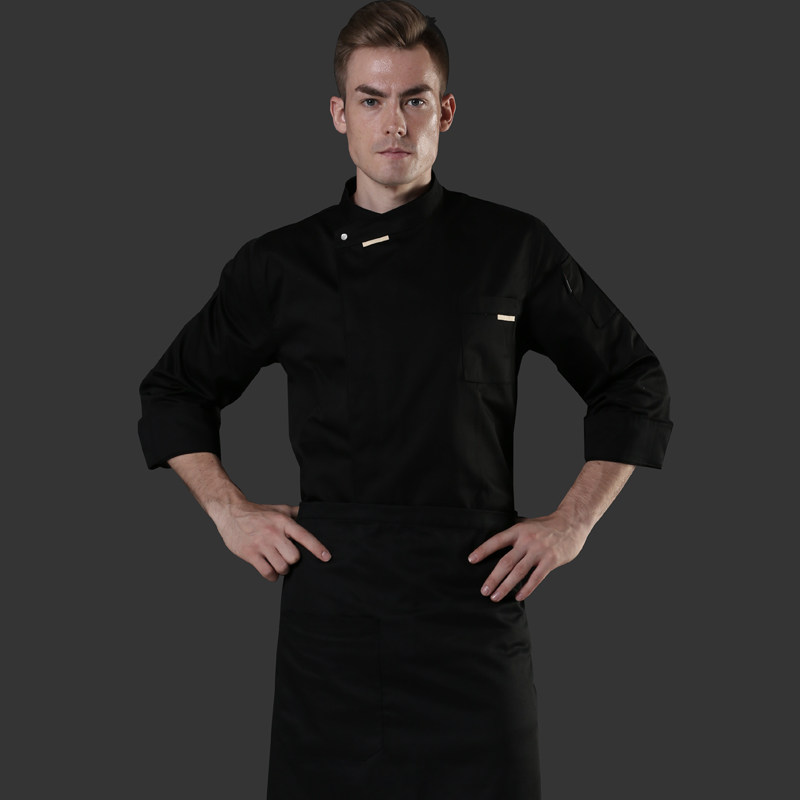 厨师长工作服男高档长袖秋冬季酒店西餐餐饮高级大厨厨房服装黑色