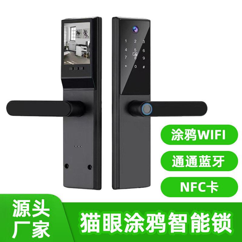 公寓房间门锁黑色猫眼智能锁涂鸦WiFi钥匙密码刷卡app室内指纹锁