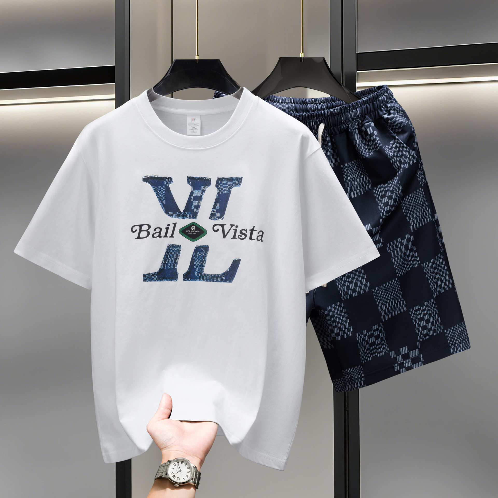 轻奢欧货男夏季短袖短裤两件套字母奢潮圆领t恤宽松潮流时尚套装