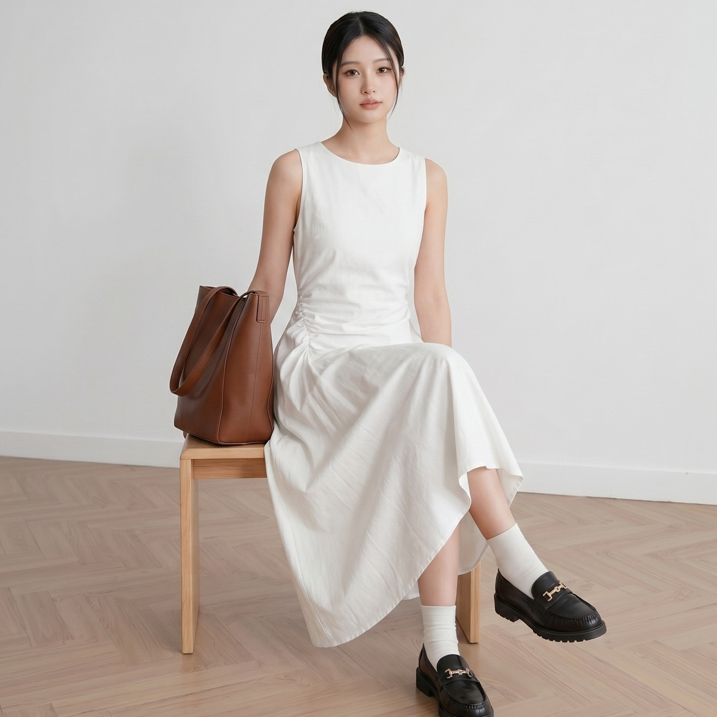 白色圆领无袖连衣裙女夏季2026新款度假风百搭褶皱气质通勤裙子