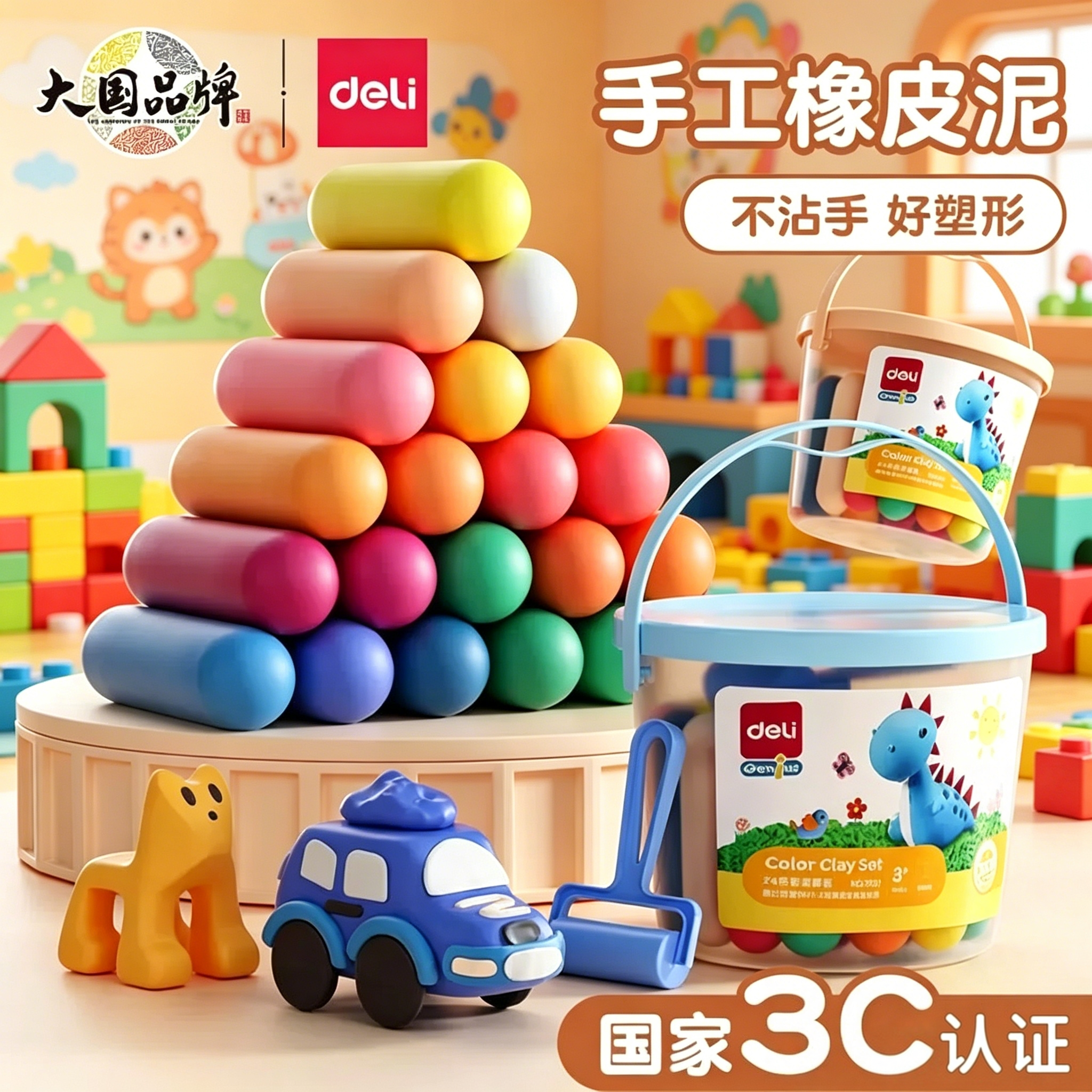 得力彩泥24色橡皮泥儿童食品级无味幼儿园专用小学生diy手工12色桶装玩具安全无毒黏土套装女孩超轻粘土模具
