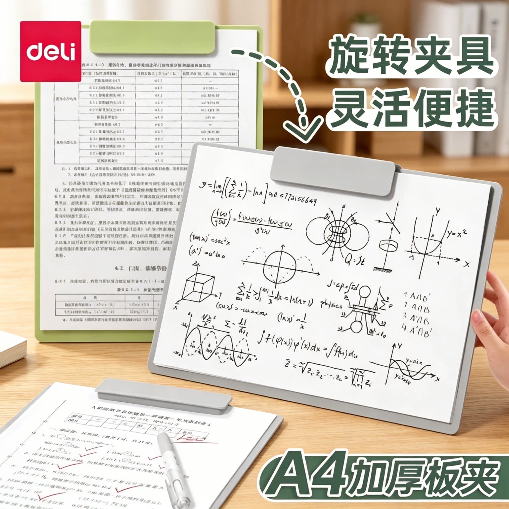 得力a4文件夹垫板档案夹夹具夹板可旋转书写字板夹办公用品小学生试卷夹纸资料收纳夹学习用品乐谱夹书夹神器
