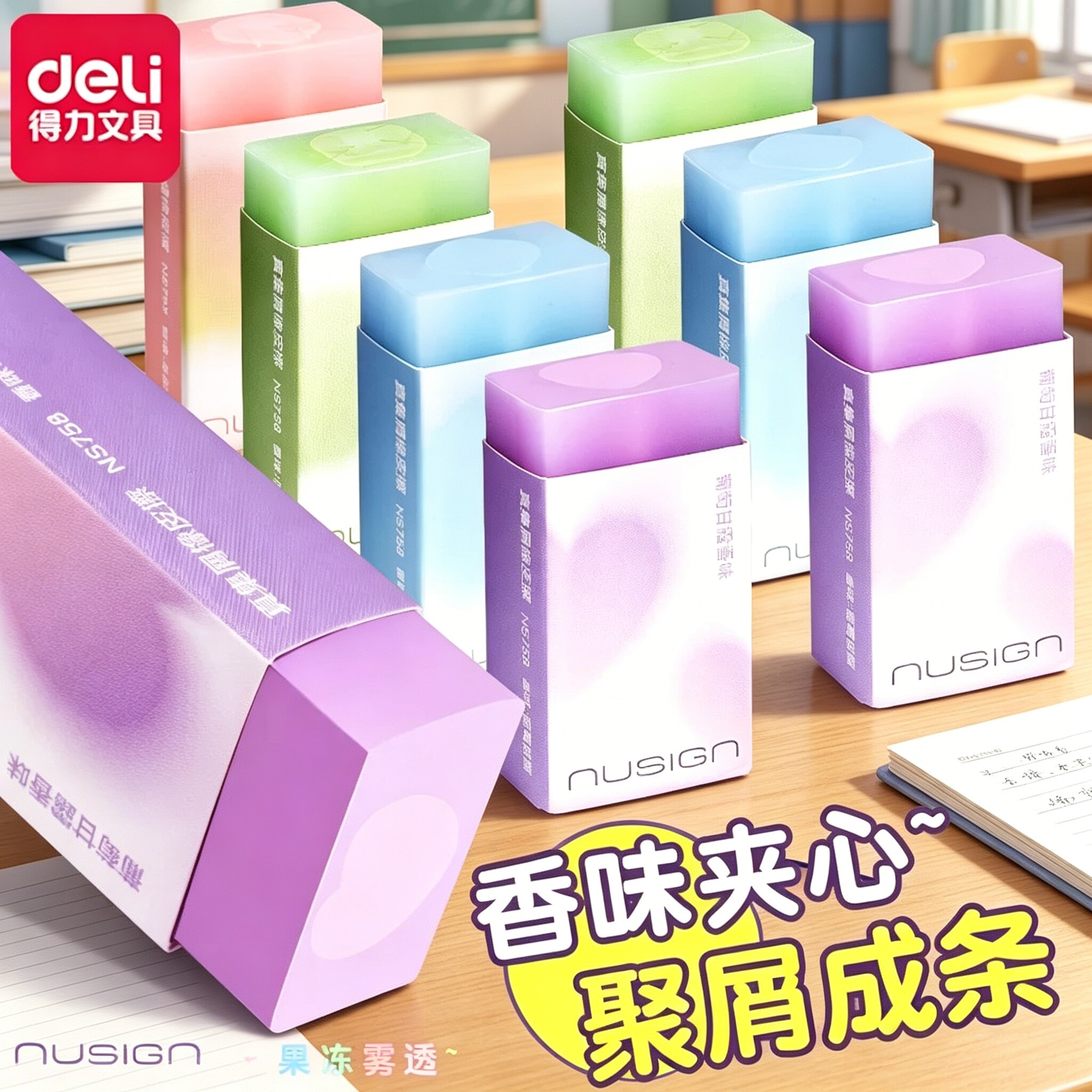 得力纽赛日光轻语彩色夹心香味橡皮擦真集屑果冻擦字成线干净少屑高颜值素描美术考试小学生专用无毒安全
