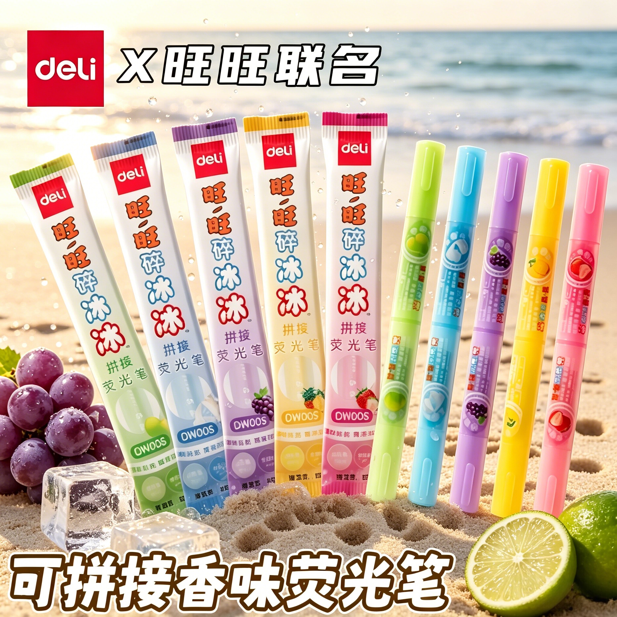 得力旺旺碎冰冰联名荧光笔限定款划重点标记笔点手抄报专用笔双色可拼接学生用记号笔彩色小学生初中生高颜值