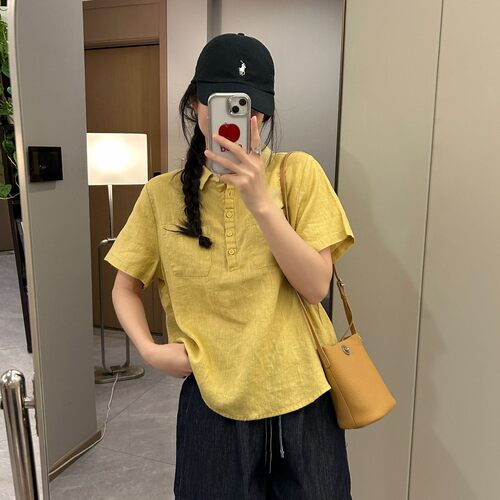 「真100%纯亚麻文艺风」简约宽松百搭小衫夏季显瘦polo领衬衫C715