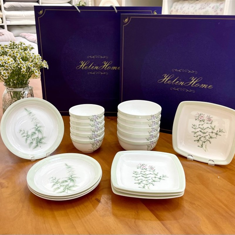 绿色香草 花草骨瓷餐具18件套组合 自用 送礼 搬新家碗盘碟子