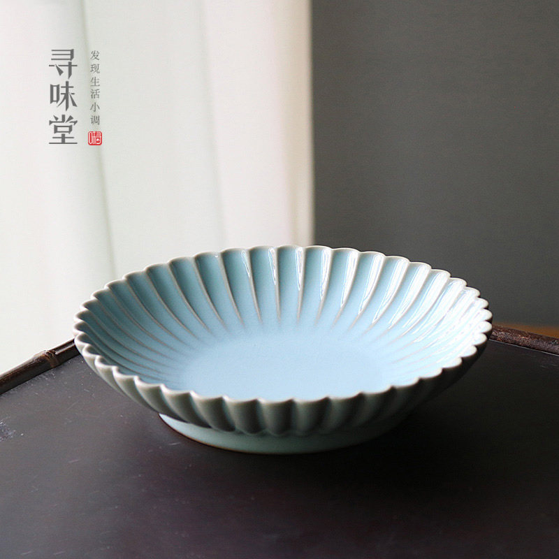 原矿釉汝窑茶点盘复古开片汝瓷水果盘茶桌陶瓷托盘 壶承糕点盘