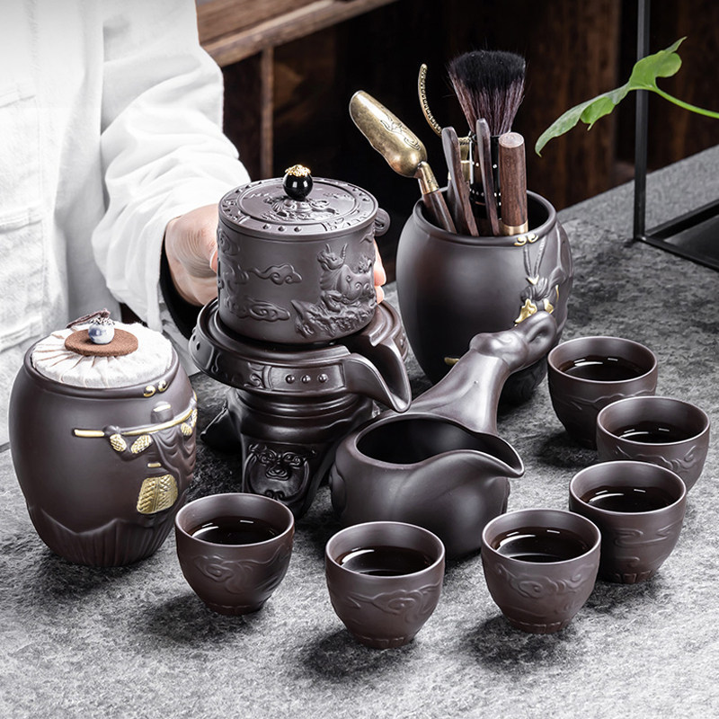 茗客懒人茶具套装家用紫砂茶杯复古全半自动功夫泡茶器石磨冲茶器