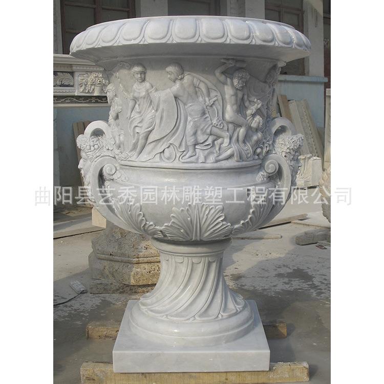 汉白玉家庭园艺石雕花盆摆件人物雕花大型景观石材花盆雕塑