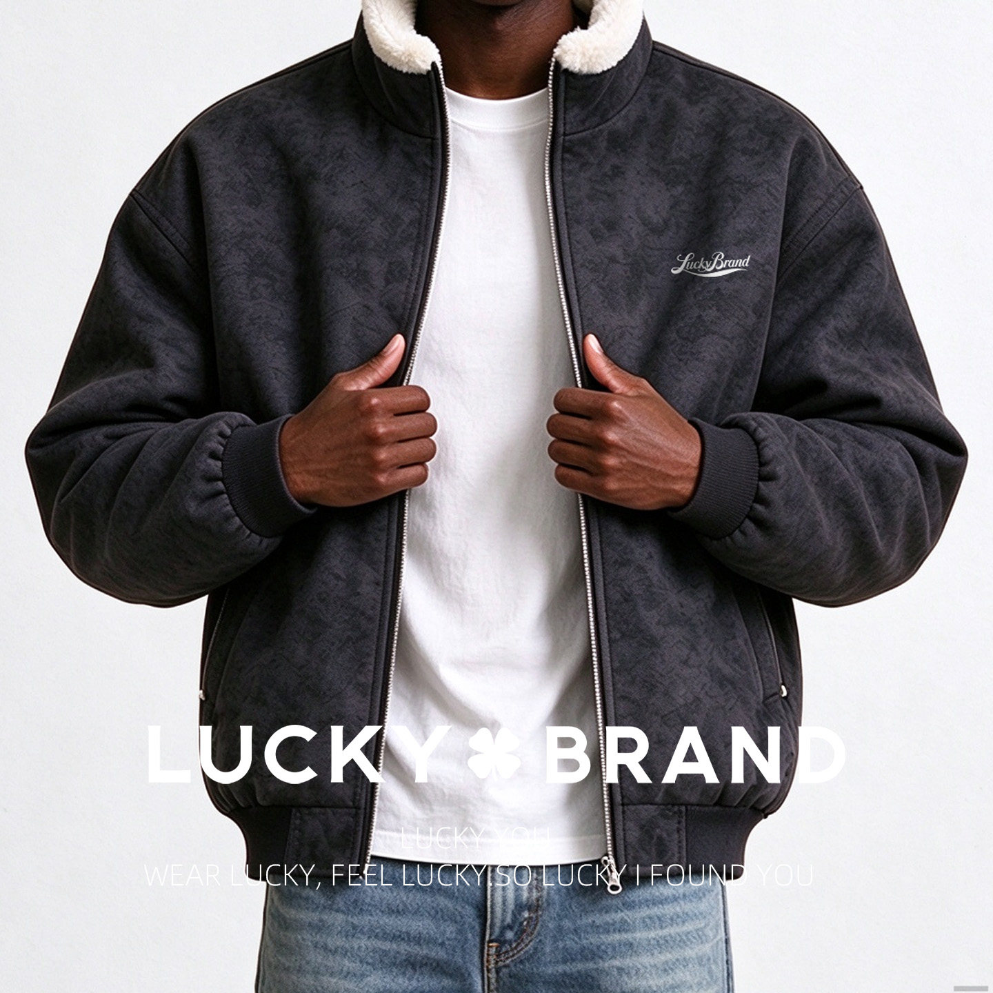 Lucky Brand立领加绒棉服男冬季PU保暖加厚痞帅扎染长袖外套夹克