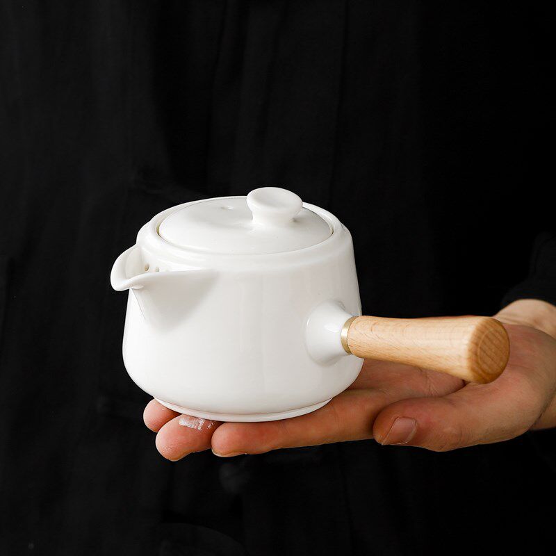 羊脂玉白瓷侧把壶简约家用单壶带过滤功夫茶具陶瓷木柄泡茶壶套装