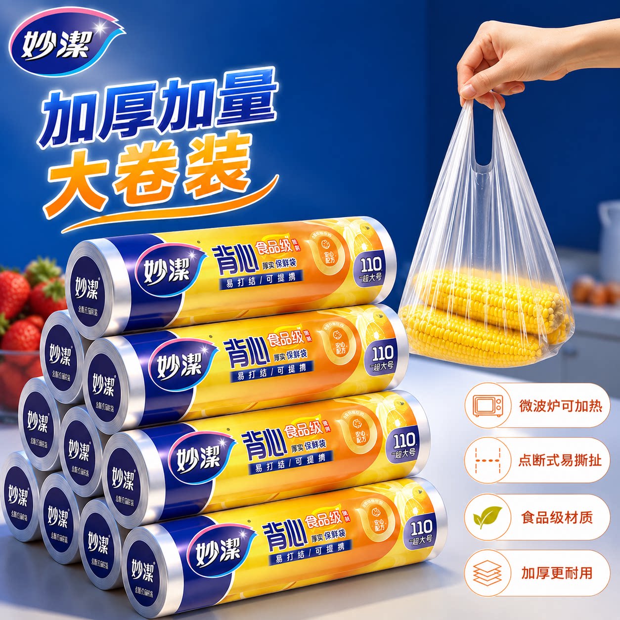 妙洁点断背心式保鲜袋PE食品级家用经济装耐高温食品包装袋塑料袋