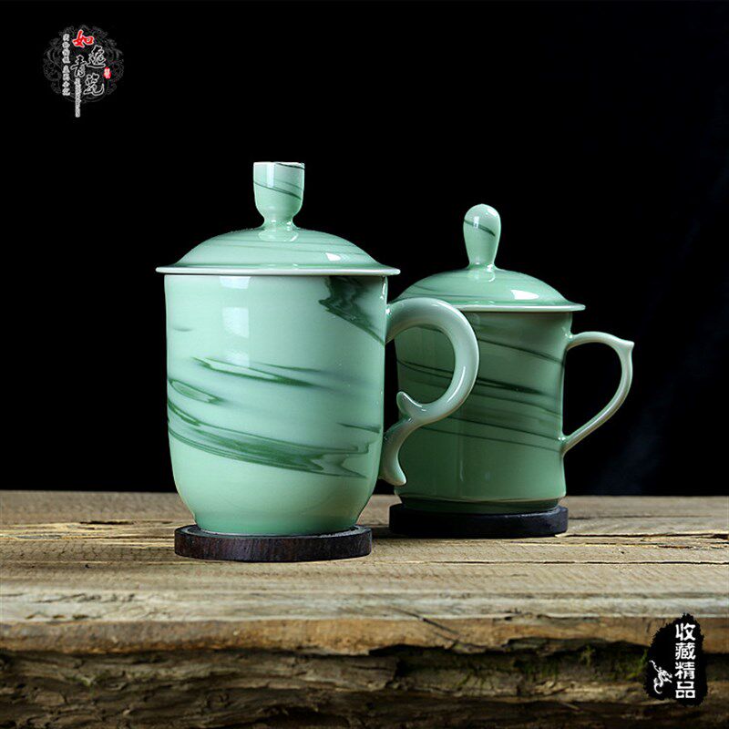 龙泉纯手工青瓷梅子青办公茶杯 陶瓷大容量绞泥胎杯礼品功夫茶具