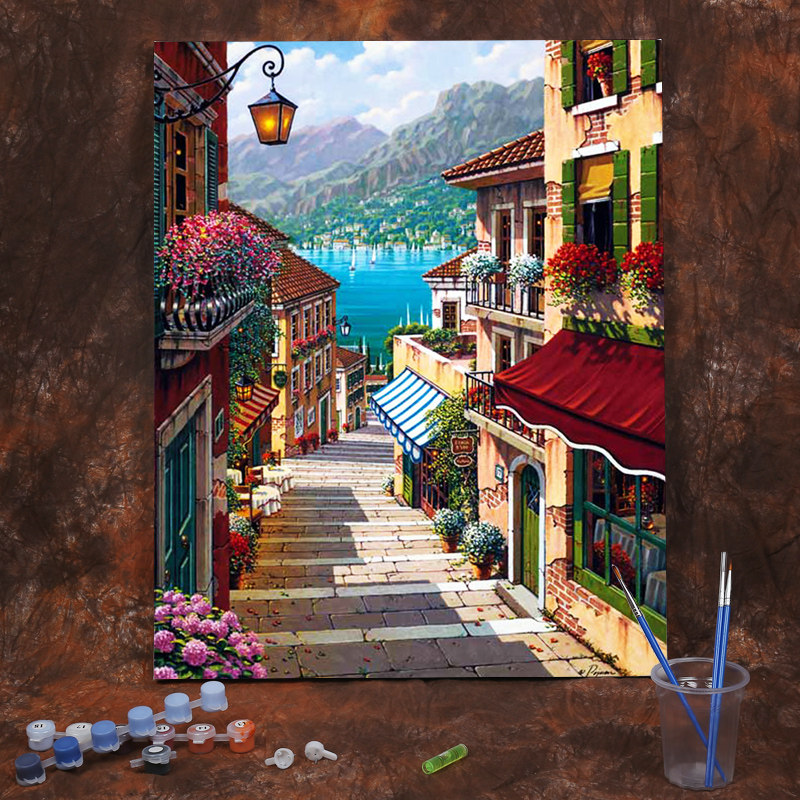 diy数字油画油彩画客厅卧室风景抽象人物花卉填色手绘装饰画街景