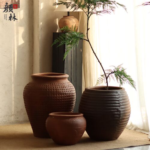 复古粗陶落地陶盆多款组合花盆侘寂风民宿装饰摆件庭院商场绿植盆