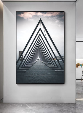 欧式建筑装饰画黑白灰工业风玄关走廊过道挂画样板房餐厅艺术壁画