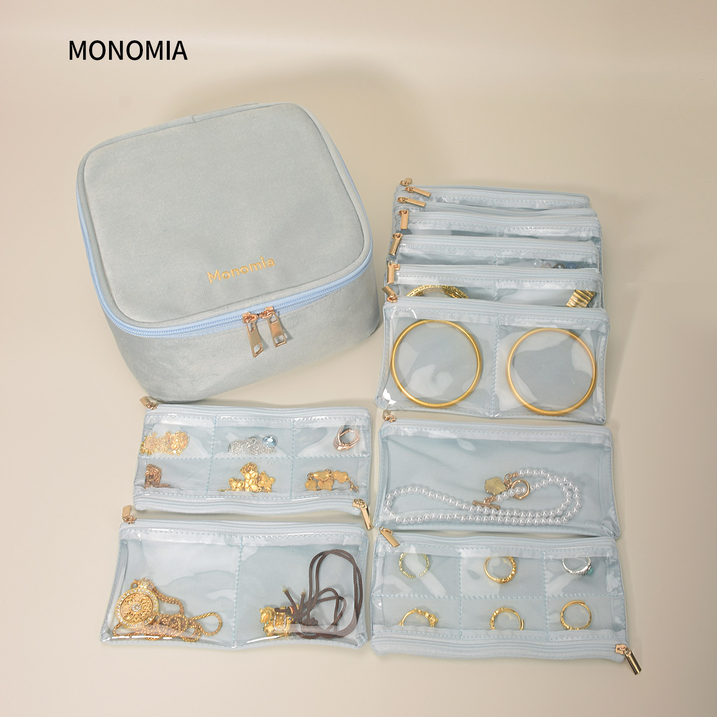 Monomia刺绣丝绒首饰收纳包大容量透明分格首饰盒旅行便携首饰袋