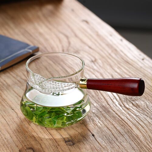 月牙玻璃公道杯高硼硅一体带滤网耐热侧把分茶器泡绿茶公杯木把
