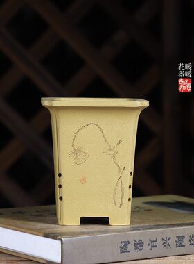 签筒盆暖暖精选手工盆原矿紫砂好泥料精品刻绘小号盆景多肉盆