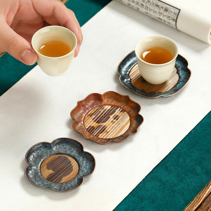 精品紫铜茶杯垫梅妃竹杯托功夫锤纹家用隔热垫功夫茶具配件茶托小