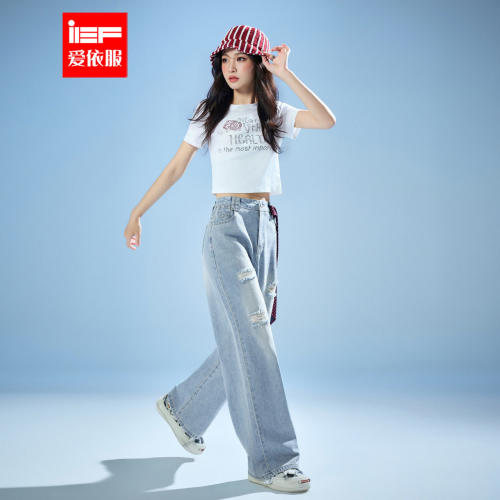 IEF/爱依服2026夏季新款美式时尚休闲辣妹气质破洞设计牛仔阔腿裤