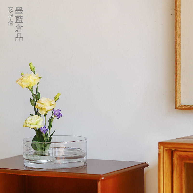 透明玻璃圆盘花器 客厅桌面鲜花插花器皿花艺花卉插花花盆大口径