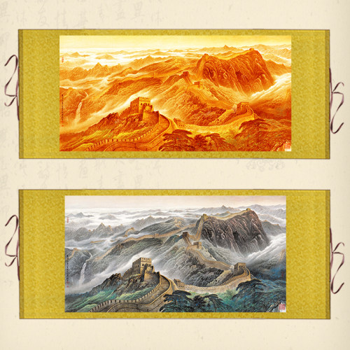横幅万里长城卷轴画山水靠山图丝绸画背景墙挂画客厅办公室装饰画