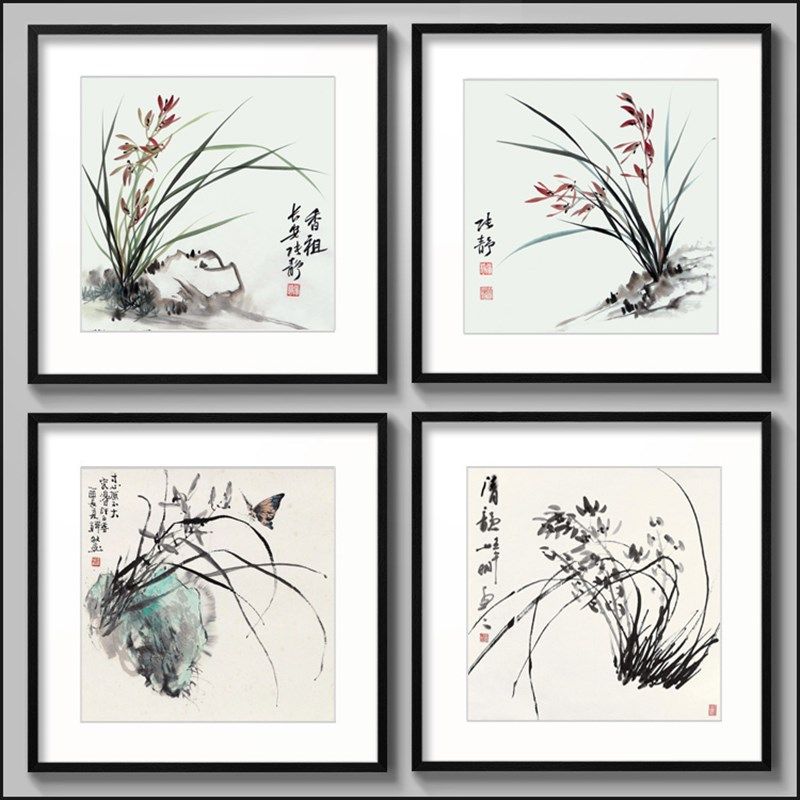 水墨画兰花现代中式装饰画客厅有框画餐厅挂画酒店饭店国画墙壁画