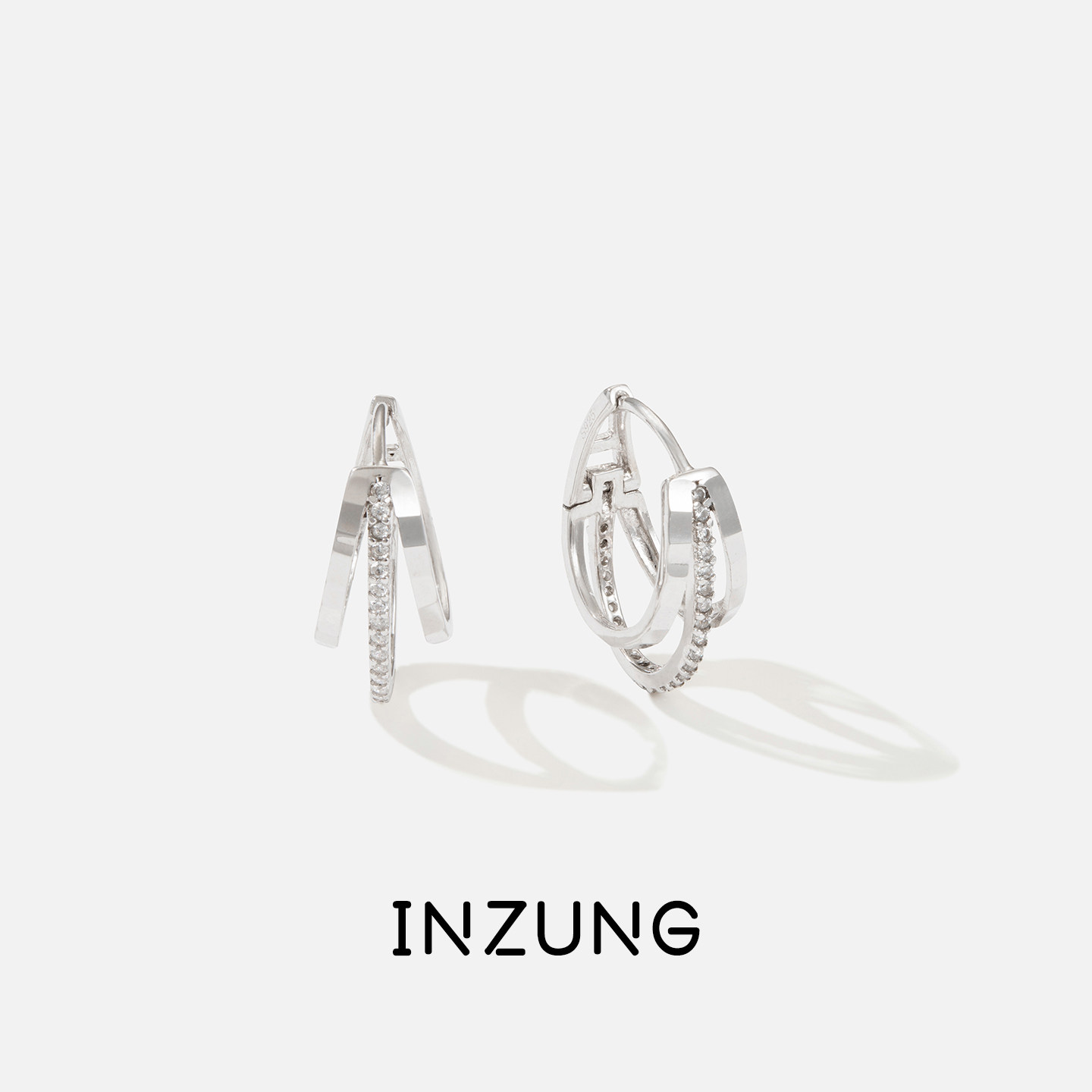 INZUNG/银妆s925银耳扣女 白金色三环耳环 通勤百搭 轻奢小众设计
