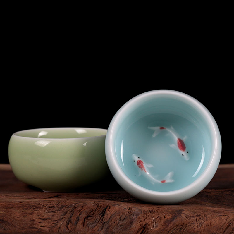 龙泉青瓷小号功夫茶杯陶瓷品茗杯茶具家用泡茶杯三足鲤鱼杯主人杯
