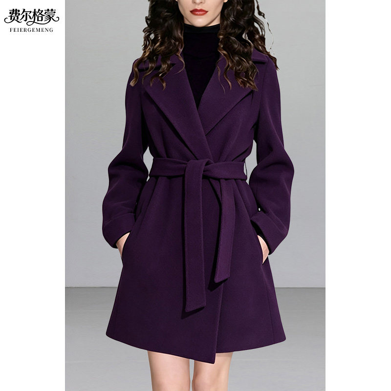 洋气紫色羊毛中长款显瘦大衣女图片