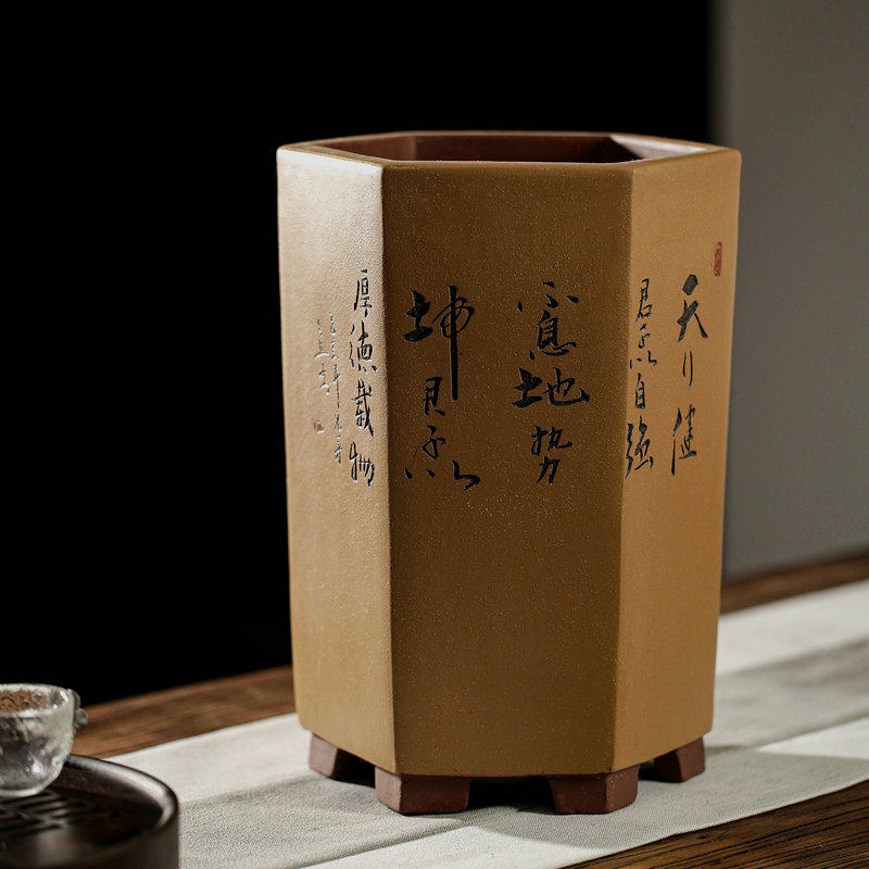 大号彩绘六方签筒室内盆景玄关摆设四季兰桌面手工精美宜兴紫砂盆