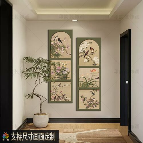 中古风客厅竖长条装饰画民宿酒店过道壁画样板间玄关软装挂画定制