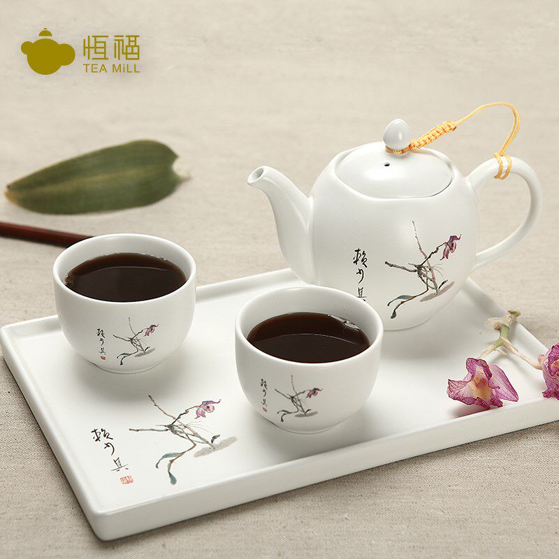 恒福茶具功夫茶具办公室功夫茶具名师陶瓷茶壶套装石斛花托盘组