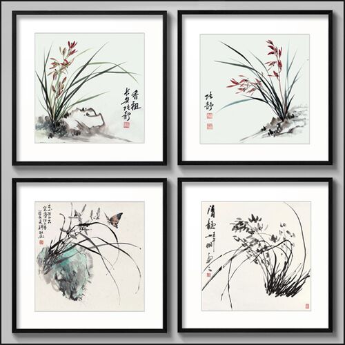 水墨画兰花现代中式装饰画客厅有框画餐厅挂画酒店饭店国画墙壁画
