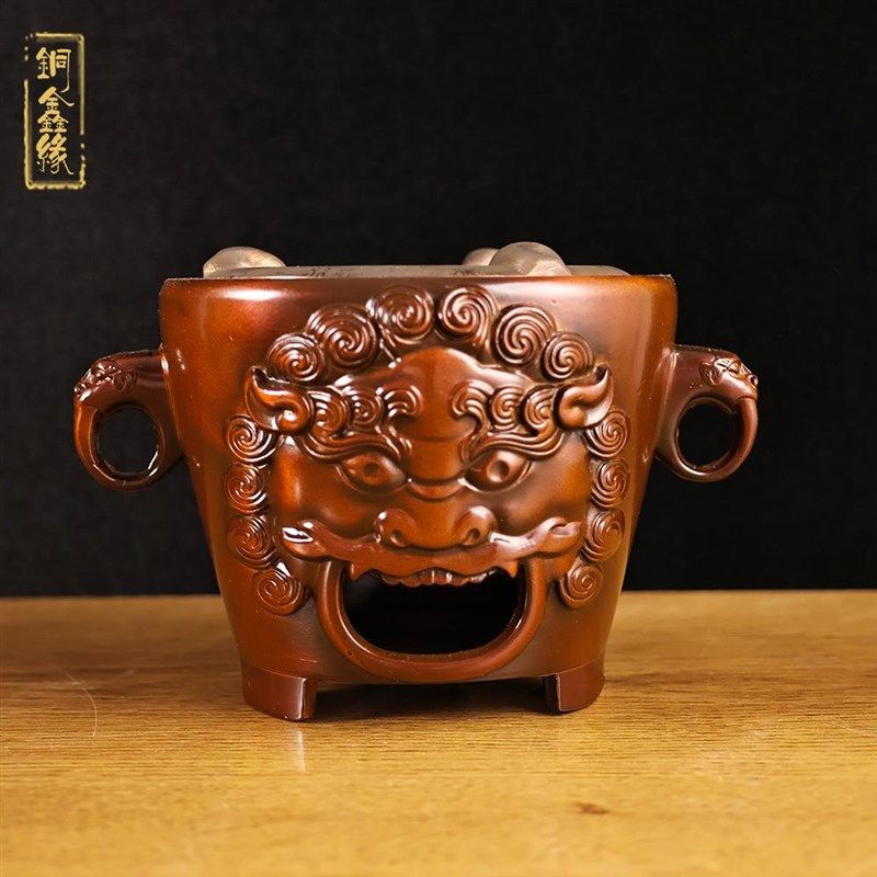 黄铜浮雕狮头煮茶炉加厚香薰炉家庭炭火炉烧水罐客厅茶室铜茶炉