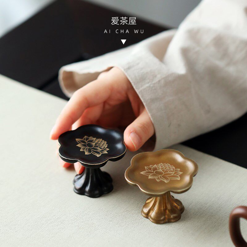 古歌元作铜器茶具铜制莲花款南瓜蒂盖置架壶盖托搁置功夫茶道零配