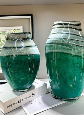 高端创意艺术大理石水波纹插花绿色琉璃玻璃花瓶水培大肚花器摆件