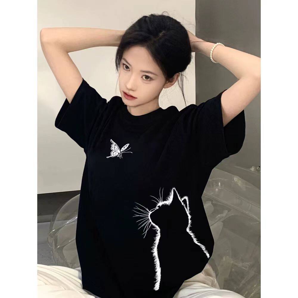 黑色猫咪纯棉短袖t恤女2026夏季新款高级感韩系圆领宽松上衣男潮