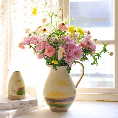 客厅插花陶瓷奶壶花瓶法式田园风高级感水培花壶创意鲜花餐桌摆件