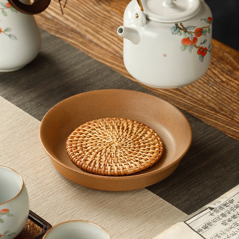 粗陶鎏金藤编垫壶承仿古汝窑干泡台丝瓜络壶托紫砂壶茶壶储水底座