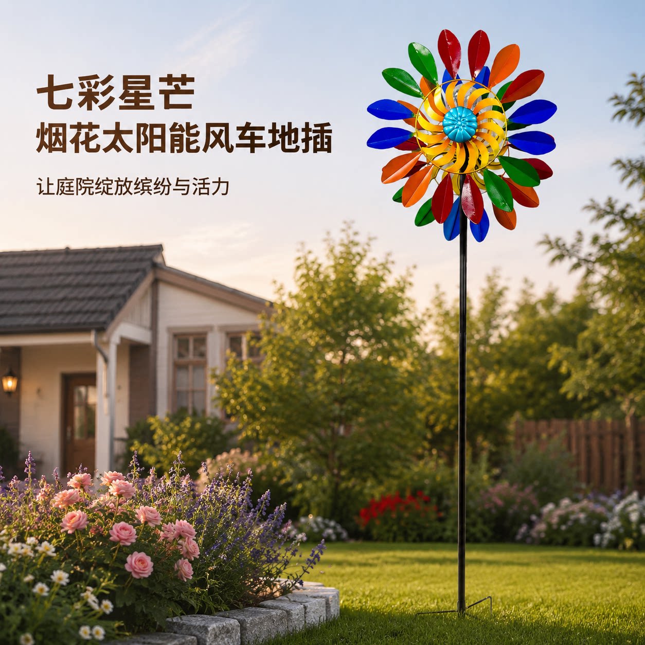 别墅庭院七彩星芒太阳能风车摆件图片