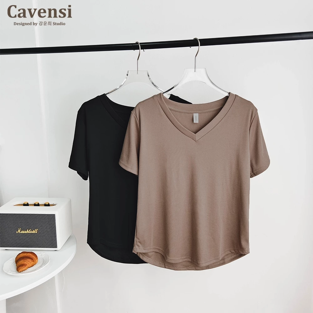 Cavensi松弛感V领短袖T恤女纯色基础简约宽松舒适上衣