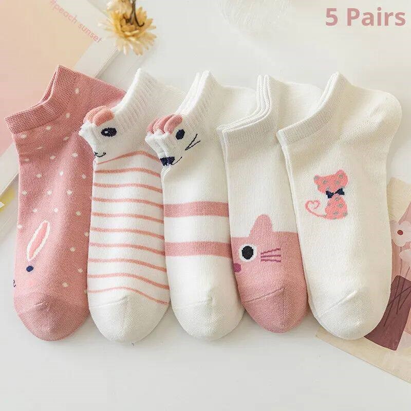 5/10/20 Pair Women Short Tube Sock Pink Cat Thin Four Seaon