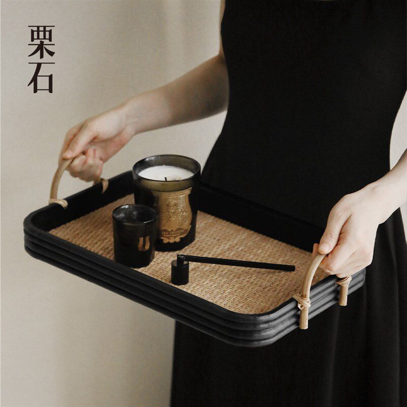 栗石中式复古木制藤编托盘摆件中古高级感民宿茶室长方形茶盘餐盘