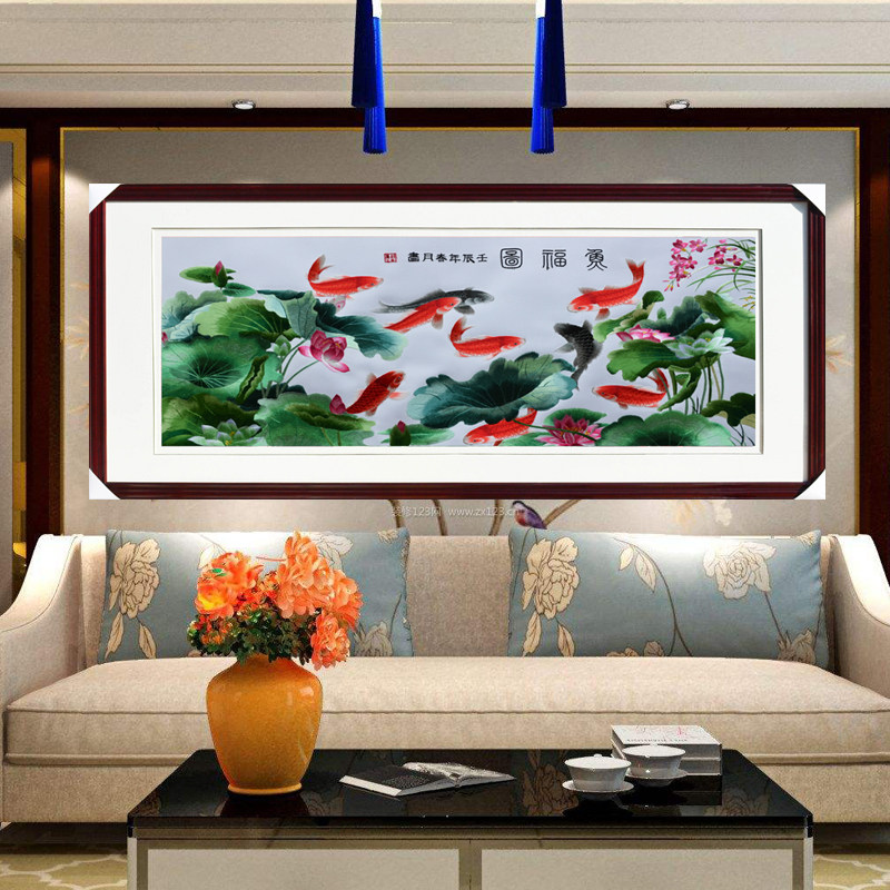 苏绣装框成品 实木框刺绣客厅装饰挂画 鱼福图年年有余沙发背景墙